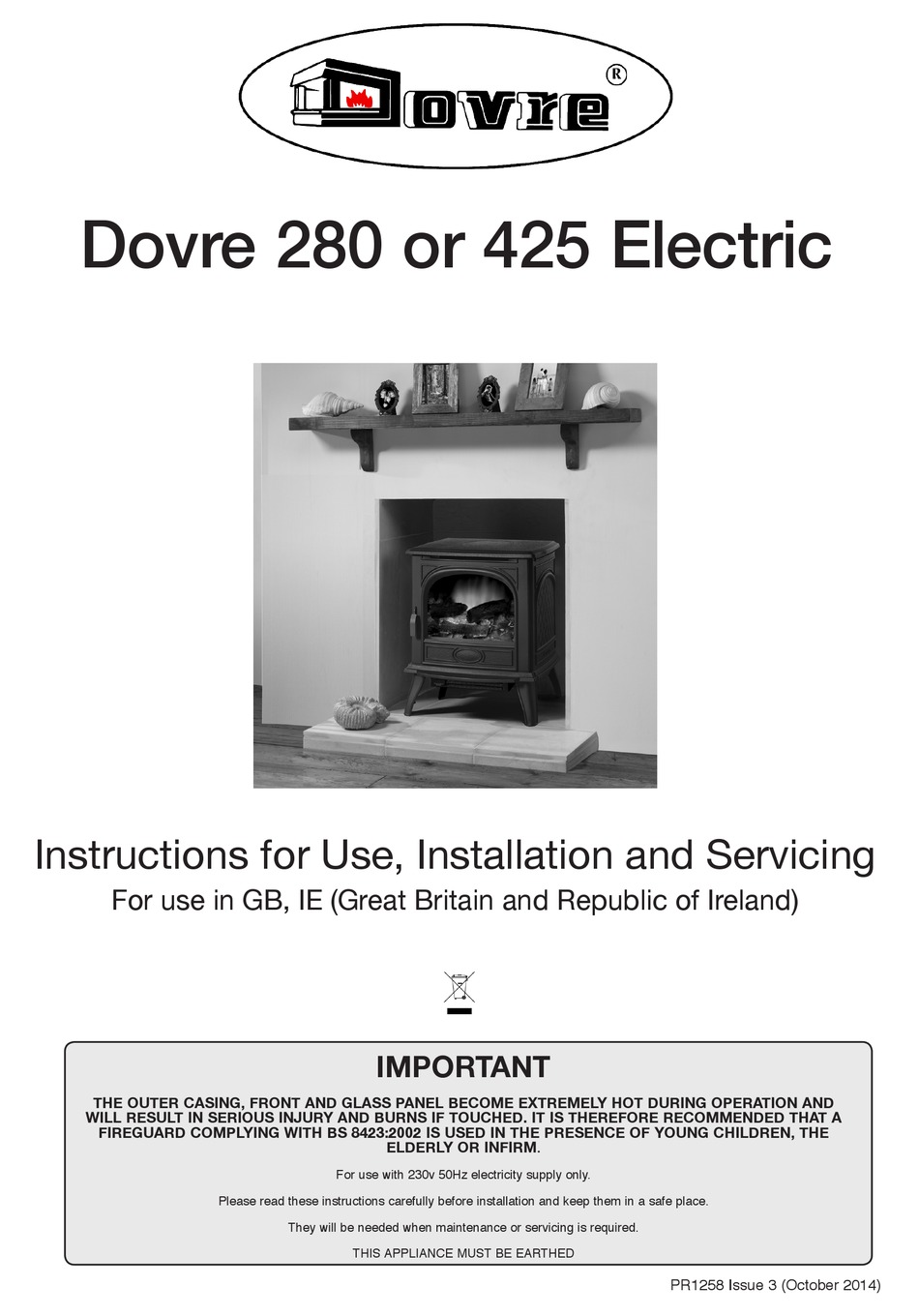 DOVRE 280 ELECTRIC INSTRUCTIONS FOR USE INSTALLATION AND SERVICING Pdf