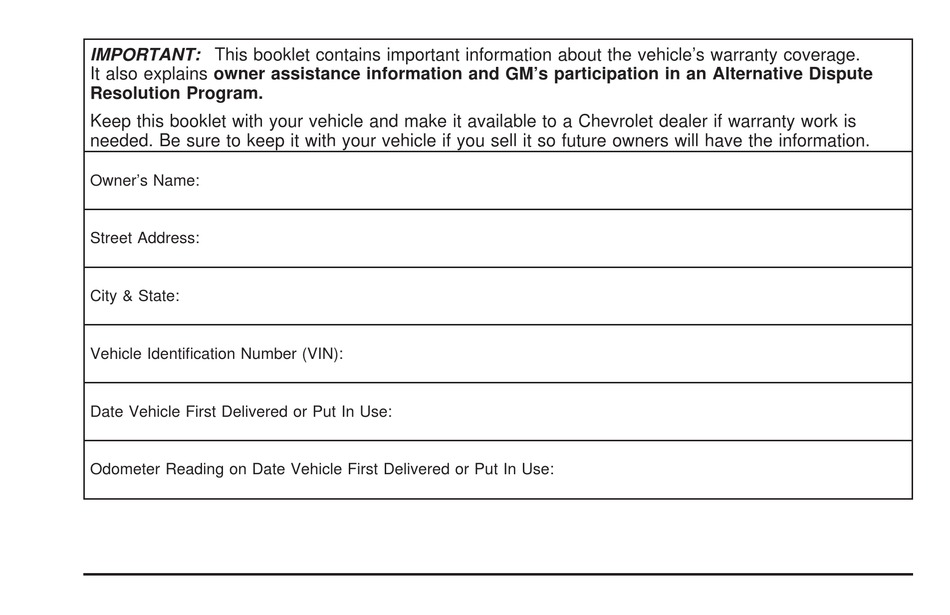 CHEVROLET 2007 HHR WARRANTY AND OWNER ASSISTANCE INFORMATION Pdf