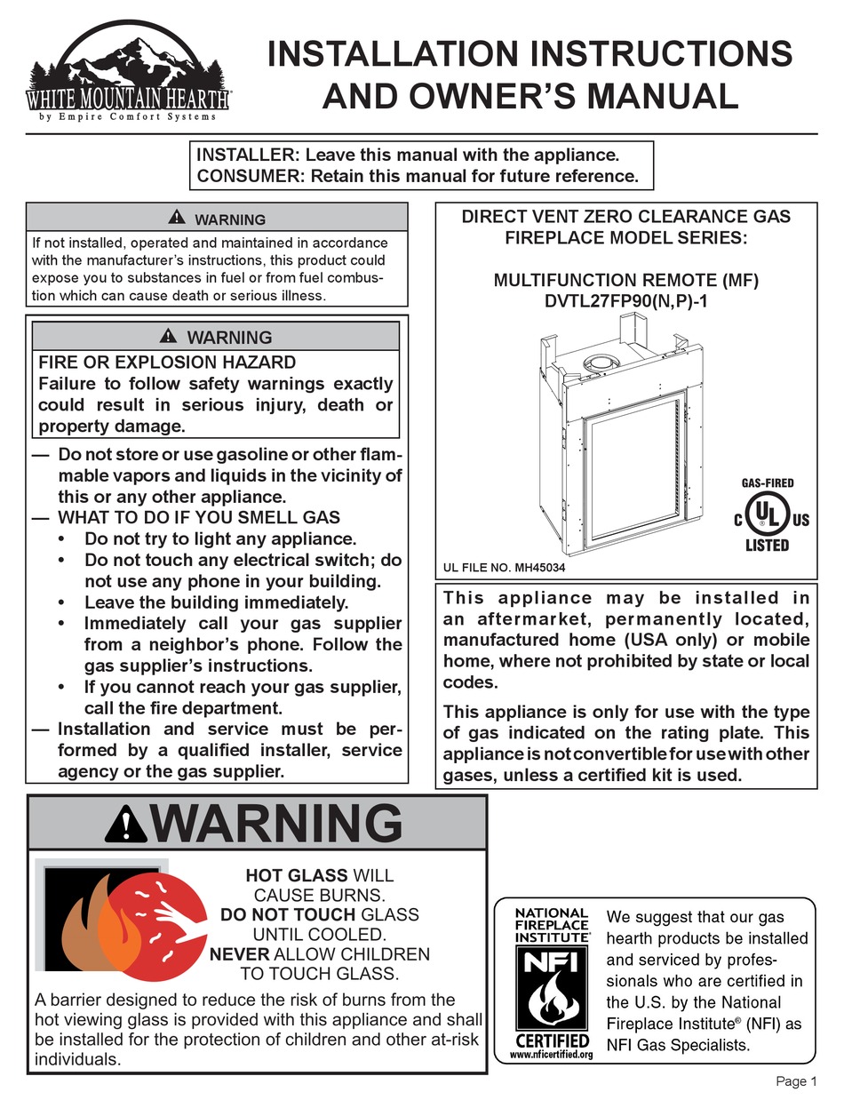 WHITE MOUNTAIN HEARTH DVTL27FP90N-1 INSTALLATION INSTRUCTIONS AND OWNER