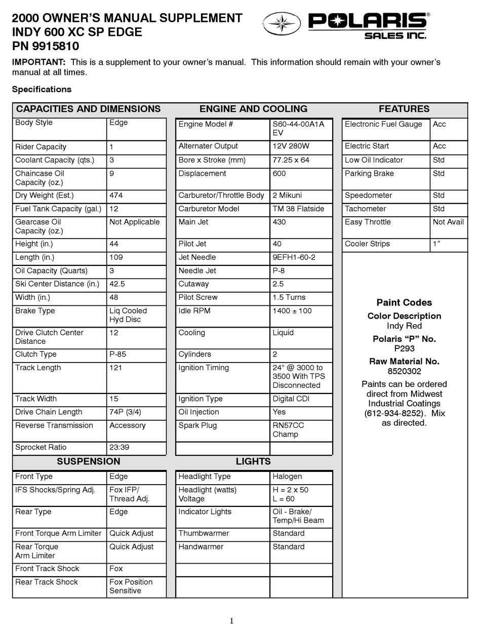 POLARIS 2000 INDY 600 XC SP EDGE OWNER'S MANUAL SUPPLEMENT Pdf Download