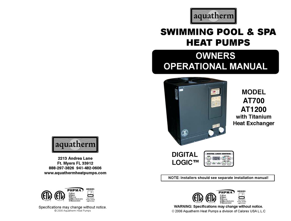 Aquatherm At700 Owner S Operation Manual Pdf Download Manualslib