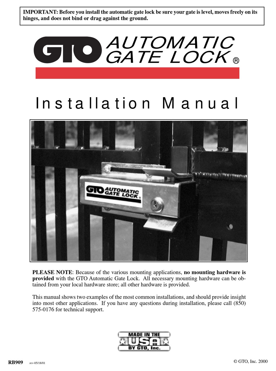 GTO AUTOMATIC GATE LOCK INSTALLATION MANUAL Pdf Download ManualsLib