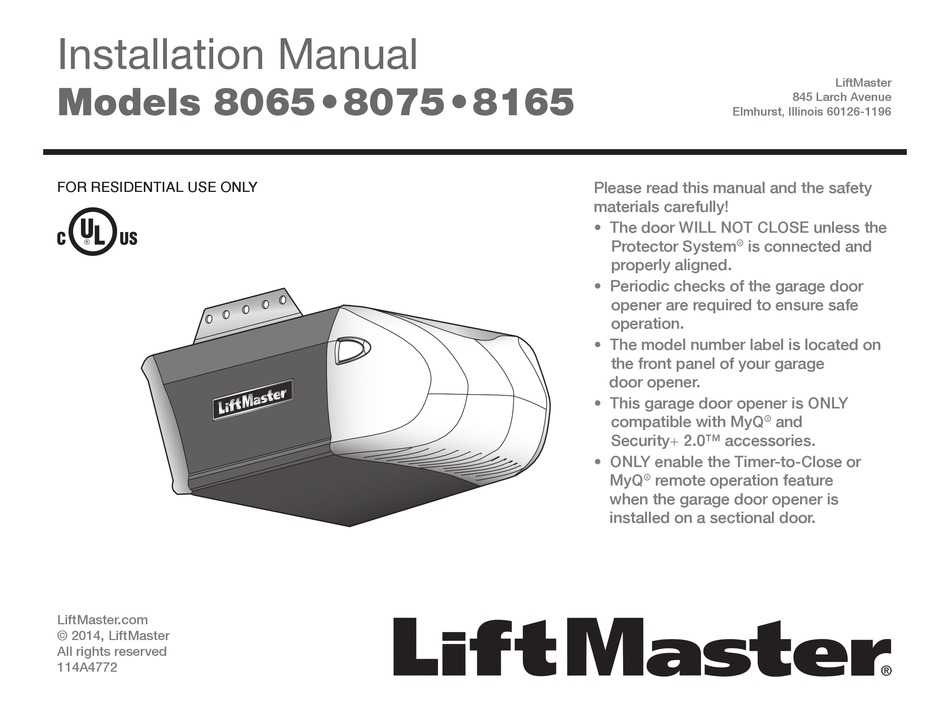 Chamberlain 8065 Installation Manual, Chamberlain Whisper Drive Garage Door Opener Installation Manual