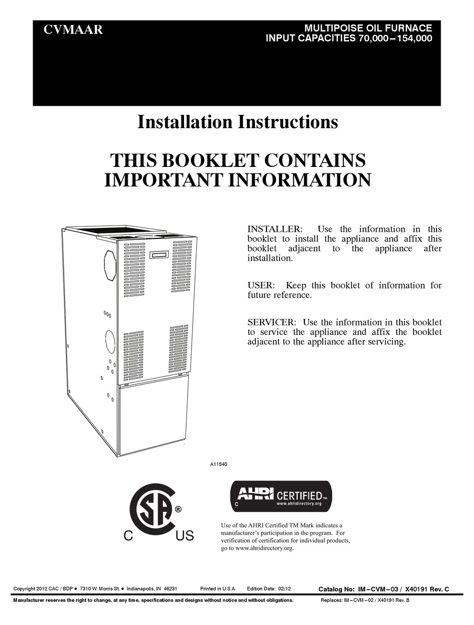 CAC / BDP CVMAAR036105 INSTALLATION INSTRUCTIONS MANUAL Pdf Download