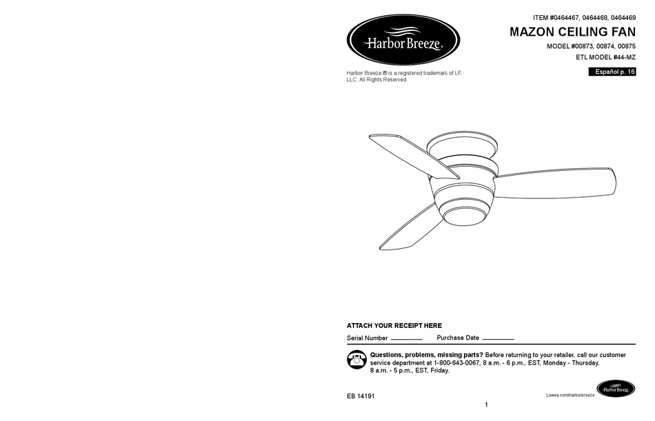 Harbor Breeze 00873 User Manual Pdf Download Manualslib