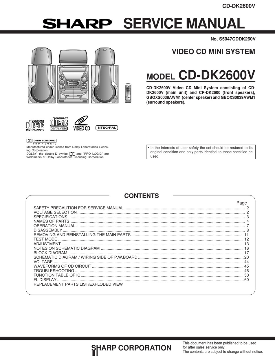 Sharp Cd Dk2600v Service Manual Pdf Download Manualslib