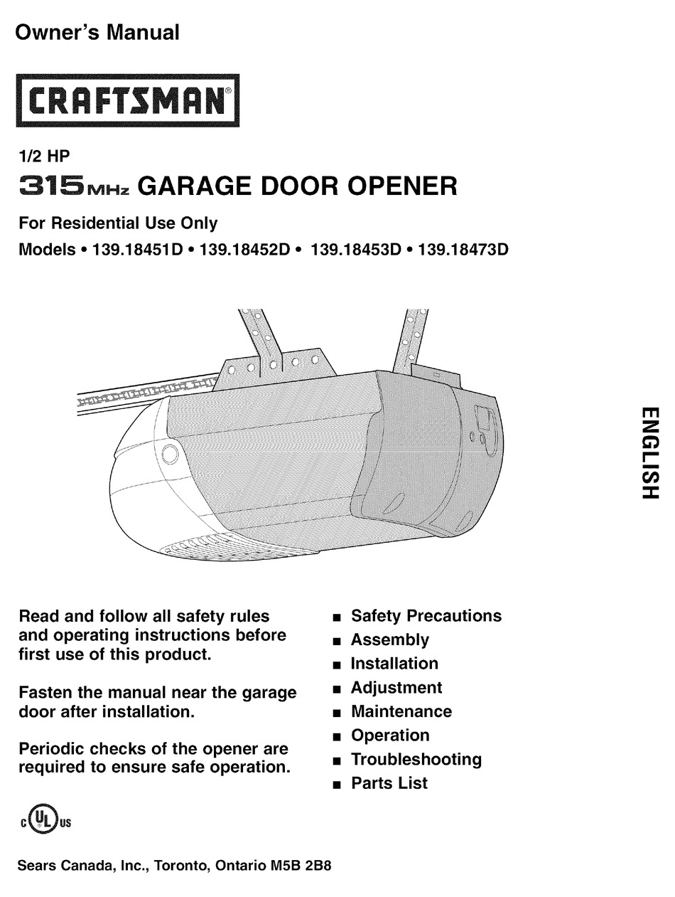 Craftsman 139 18451d Owner S Manual Pdf, Craftsman Garage Door Opener Wiring Instructions Pdf