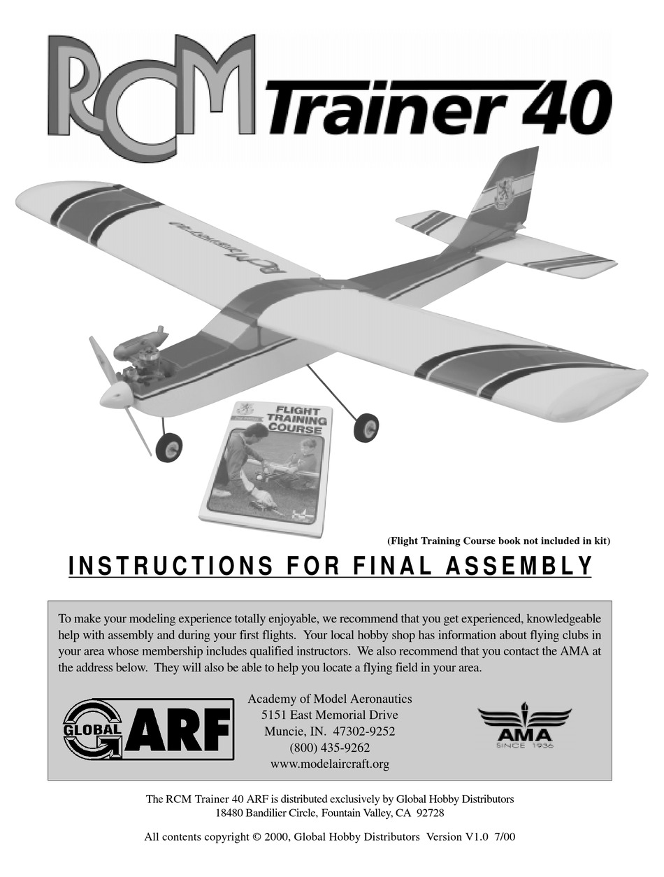 GLOBAL HOBBY RCM TRAINER 40 INSTRUCTIONS FOR FINAL ASSEMBLY Pdf ...