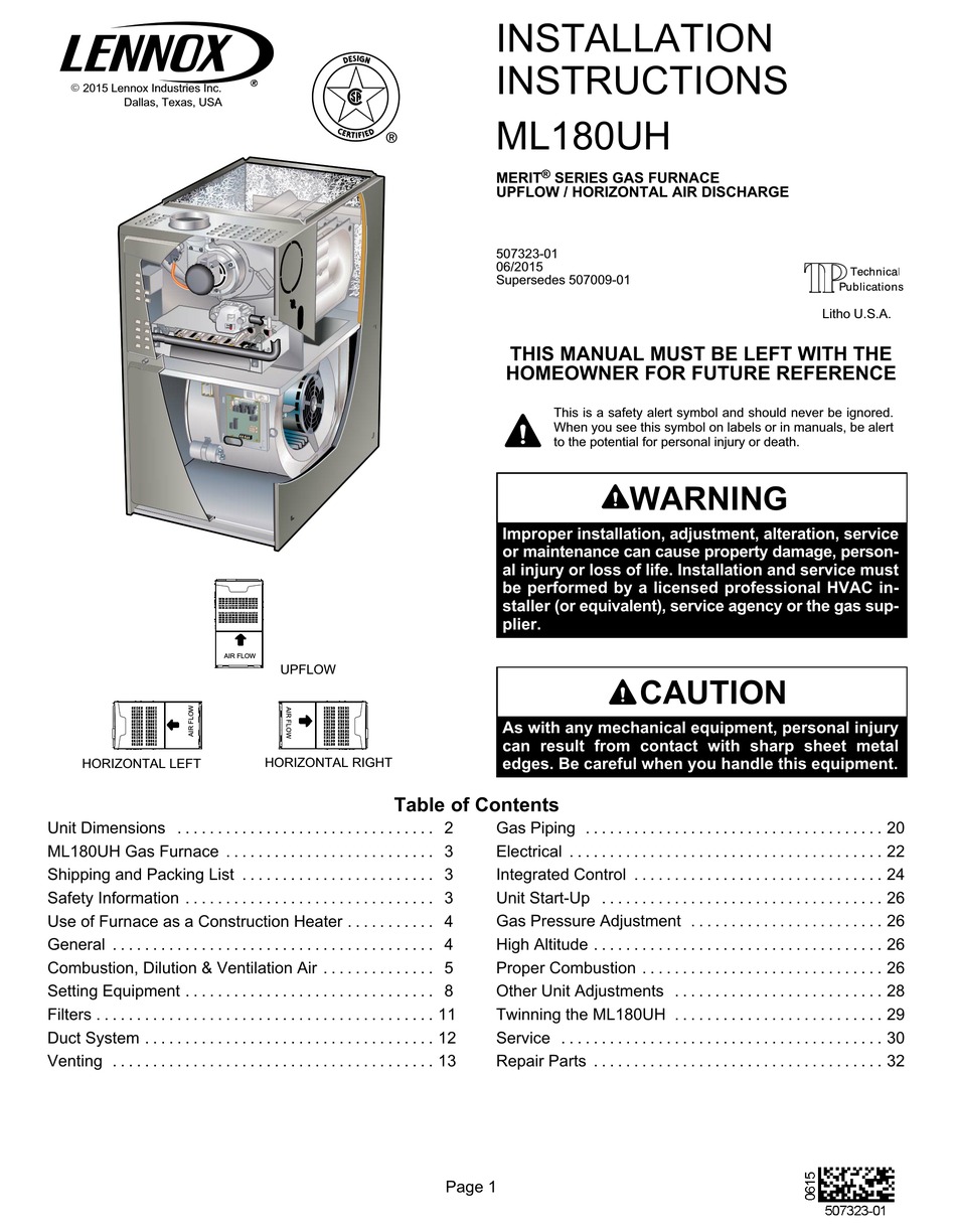 Lennox Ml180uh Merit Series Installation Instructions Manual Pdf Download Manualslib