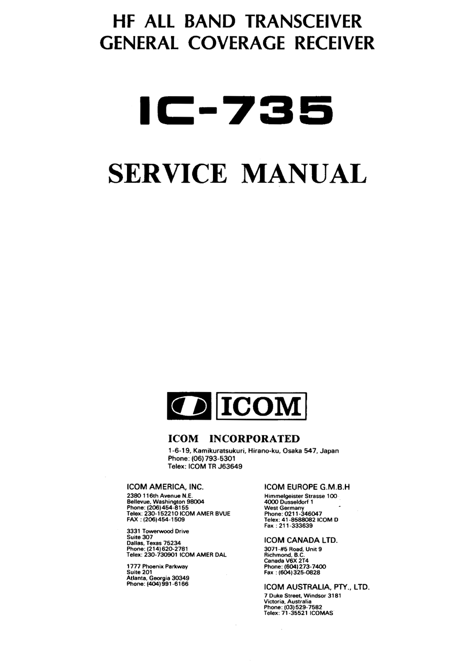 11" X 32" Schematics & Plastic Covers Icom IC-735 Instruction & Service Manuals 