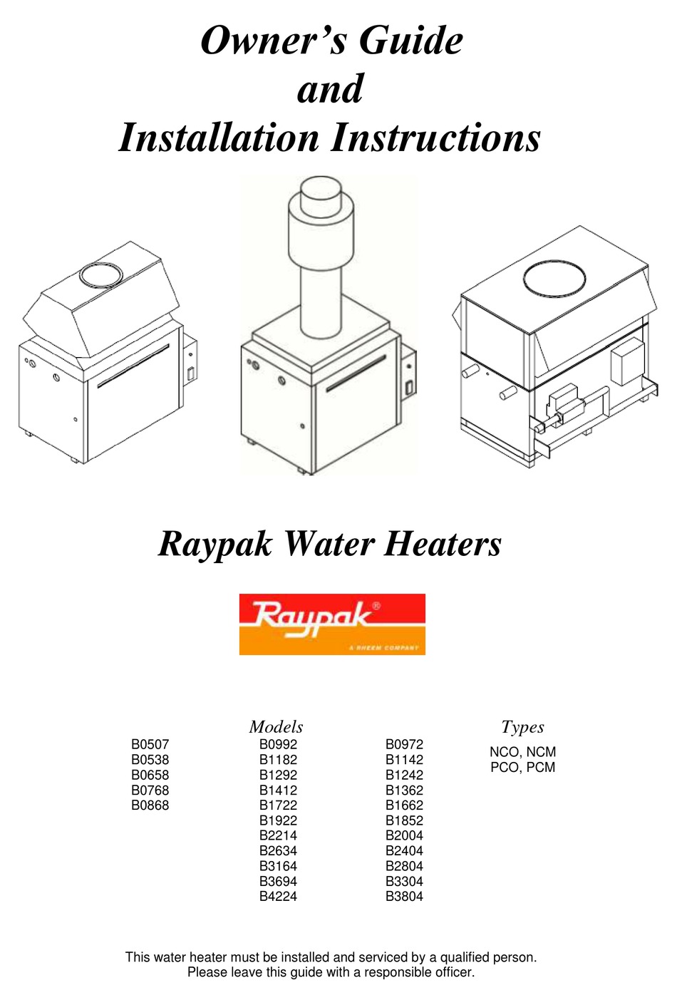 RAYPAK B0507 OWNER'S MANUAL AND INSTALLATION INSTRUCTIONS Pdf Download