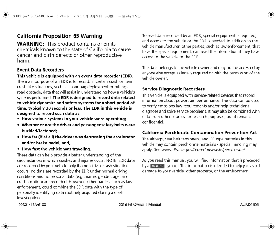 HONDA 2016 FIT OWNER'S MANUAL Pdf Download | ManualsLib