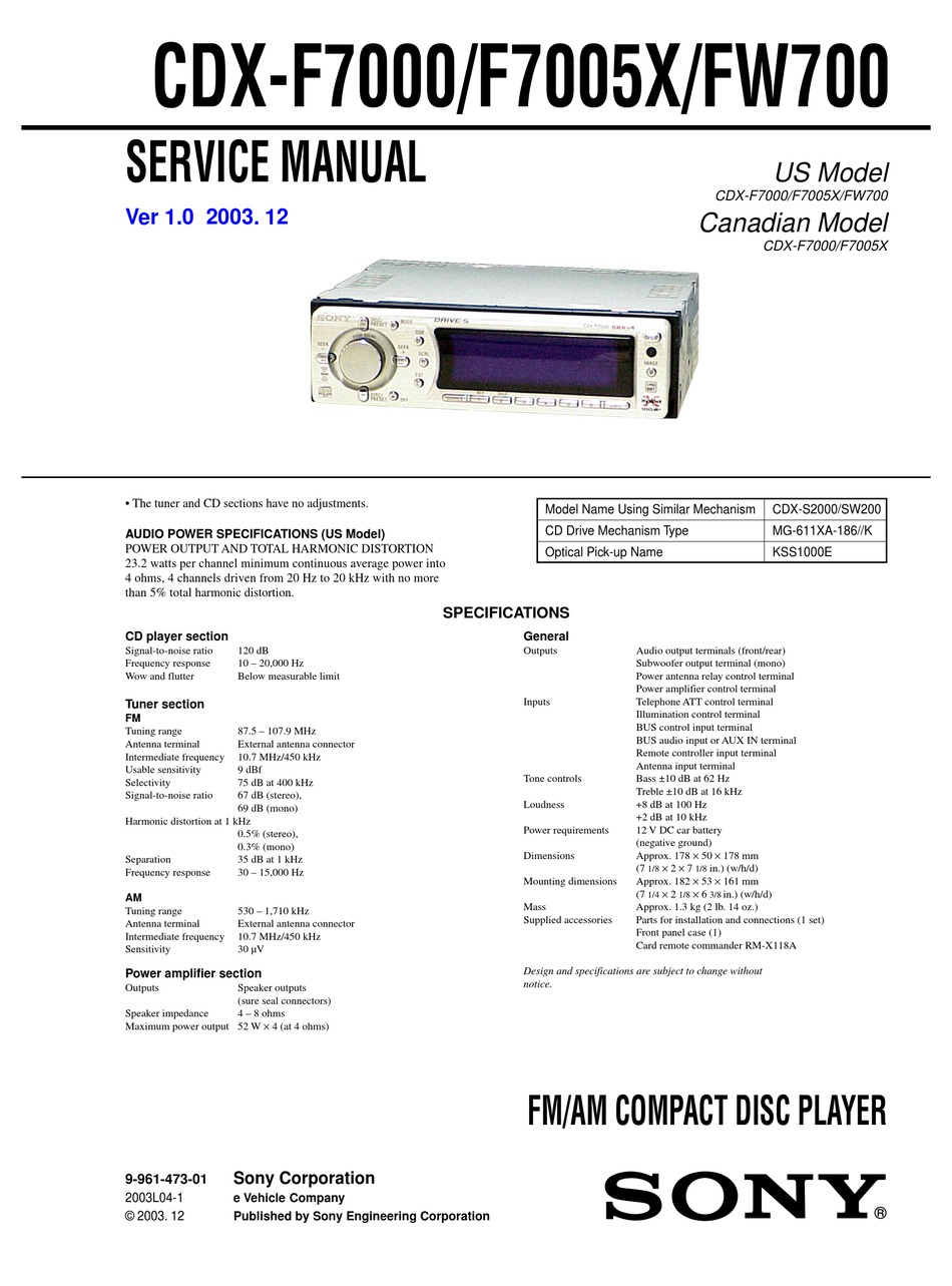 Sony Cdx F7000 Service Manual Pdf Download Manualslib