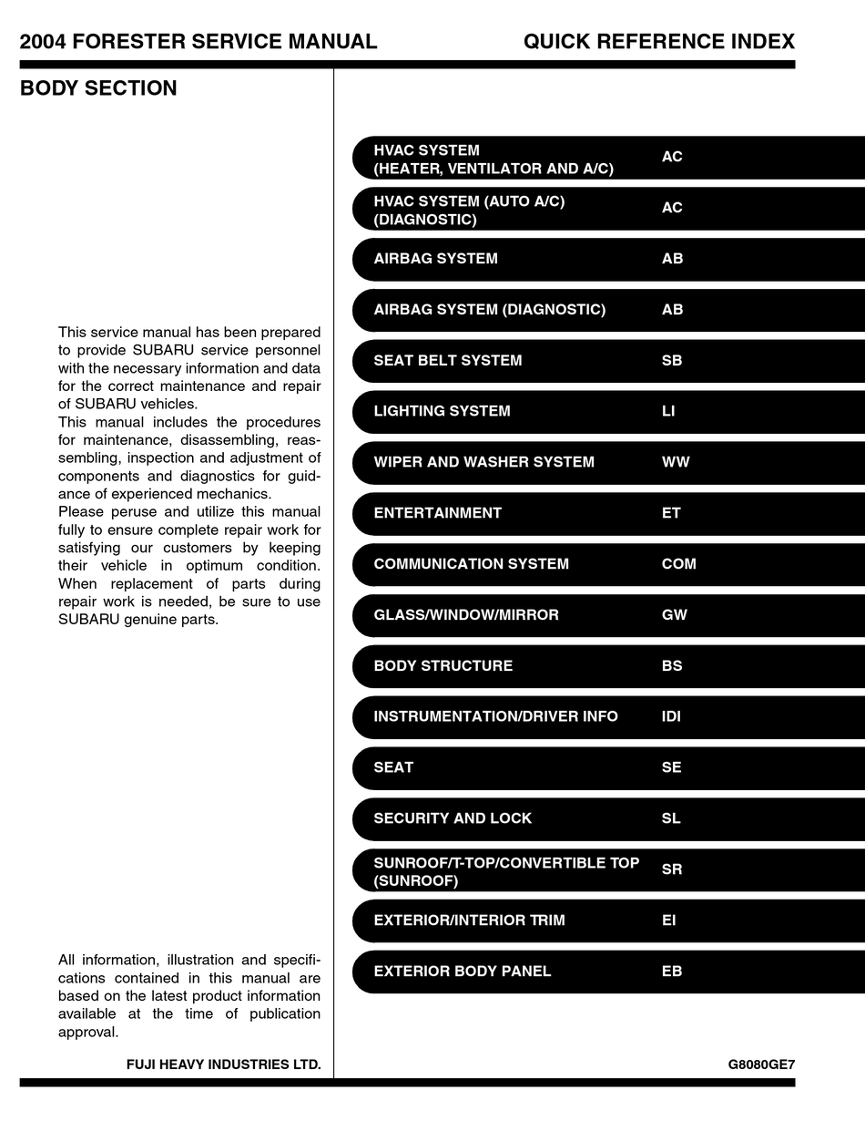 Subaru Forester Service Manual Pdf Download | Manualslib