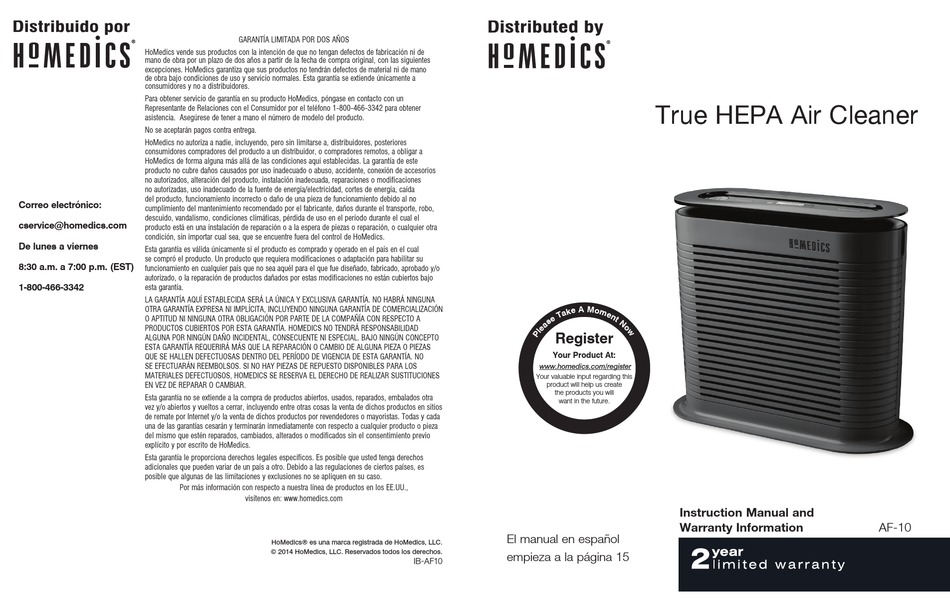 HOMEDICS AF10 INSTRUCTION MANUAL AND WARRANTY INFORMATION Pdf Download