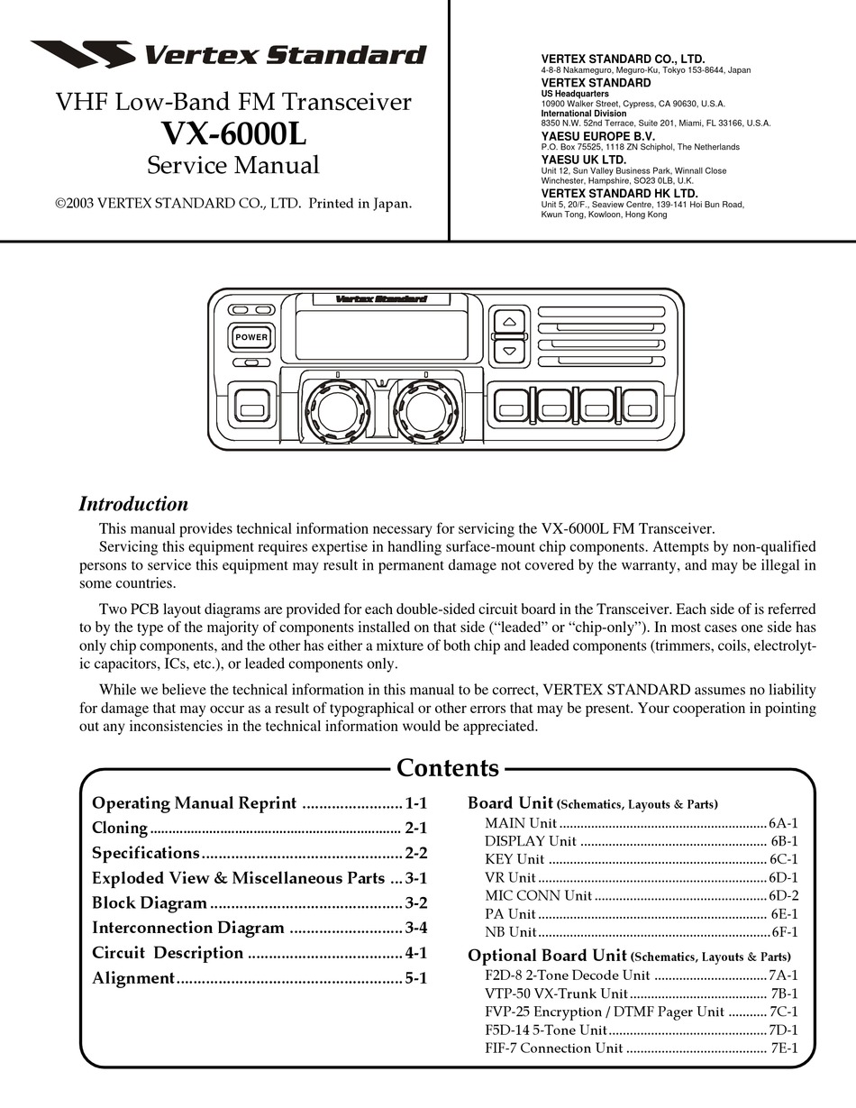 VERTEX STANDARD VX6000L SERVICE MANUAL Pdf Download ManualsLib