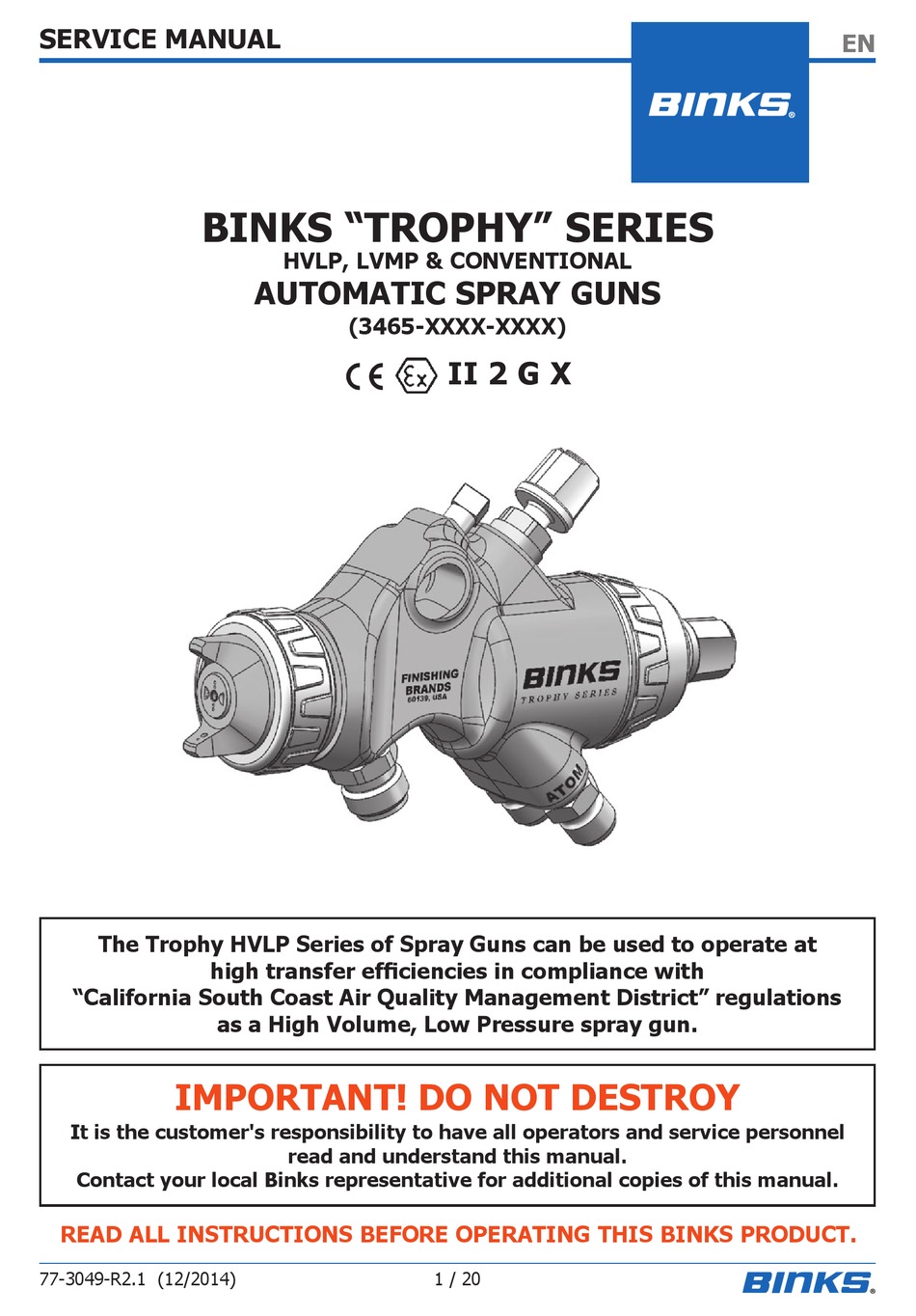 BINKS TROPHY SERIES SERVICE MANUAL Pdf Download | ManualsLib