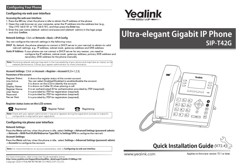 YEALINK SIP-T42G QUICK INSTALLATION MANUAL Pdf Download | ManualsLib