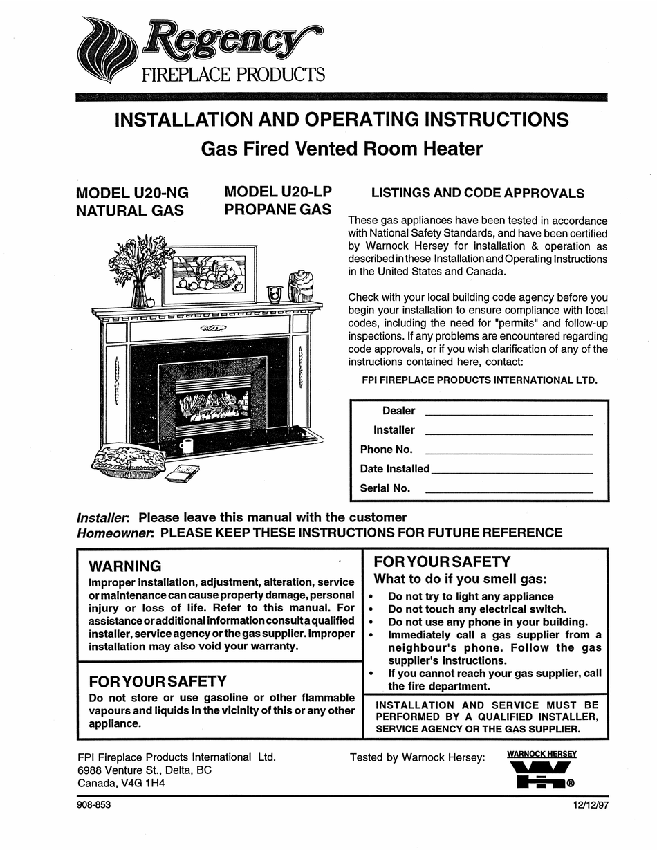 REGENCY U20NG INSTALLATION AND OPERATING INSTRUCTIONS MANUAL Pdf