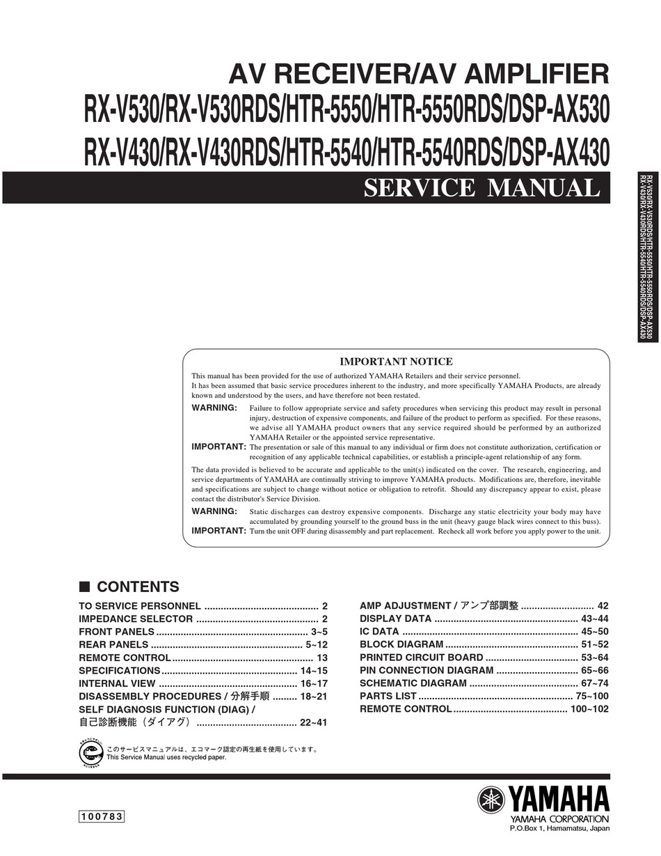 Yamaha Rx V530 Service Manual Pdf Download Manualslib