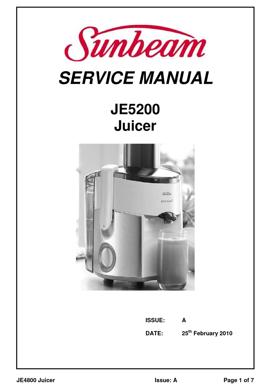 SUNBEAM JE5200 SERVICE MANUAL Pdf Download ManualsLib