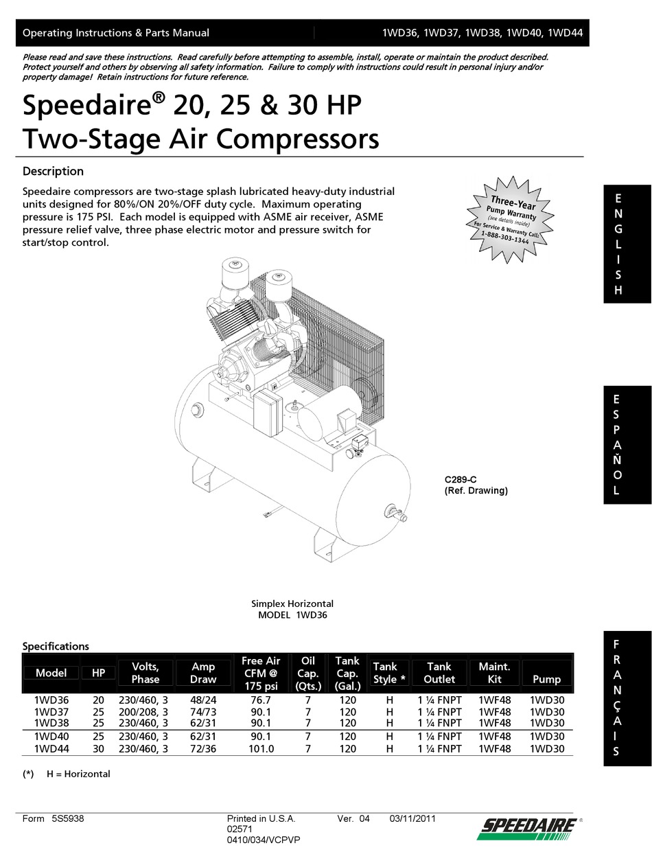 SPEEDAIRE 1WD36 OPERATING INSTRUCTIONS & PARTS MANUAL Pdf Download