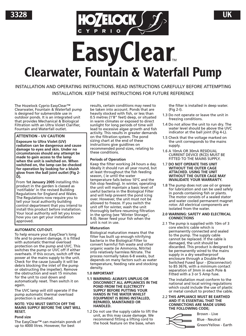 HOZELOCK EASYCLEAR 3328 INSTALLATION AND OPERATING INSTRUCTIONS MANUAL Pdf Download ManualsLib