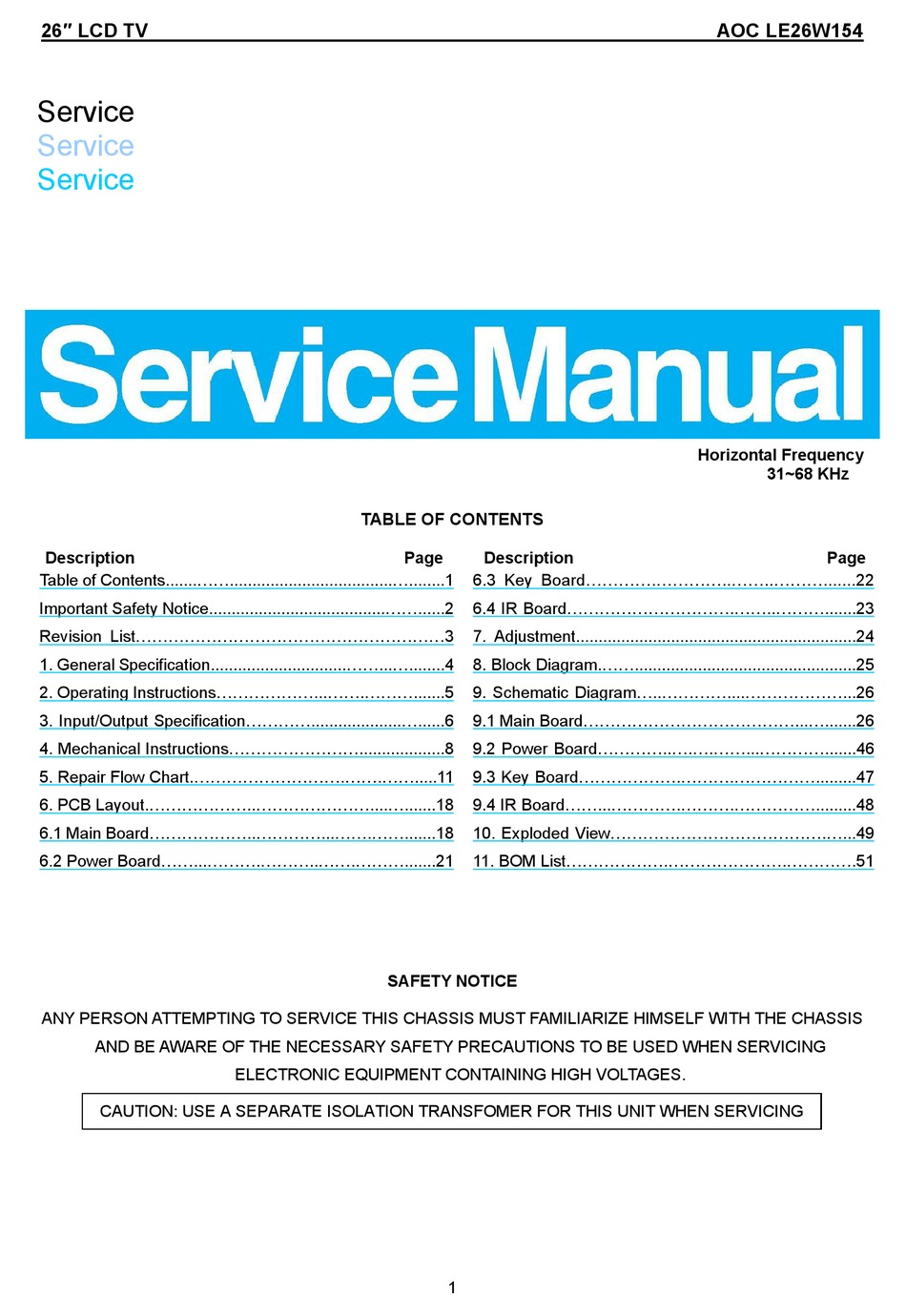 AOC LE26W154 SERVICE MANUAL Pdf 