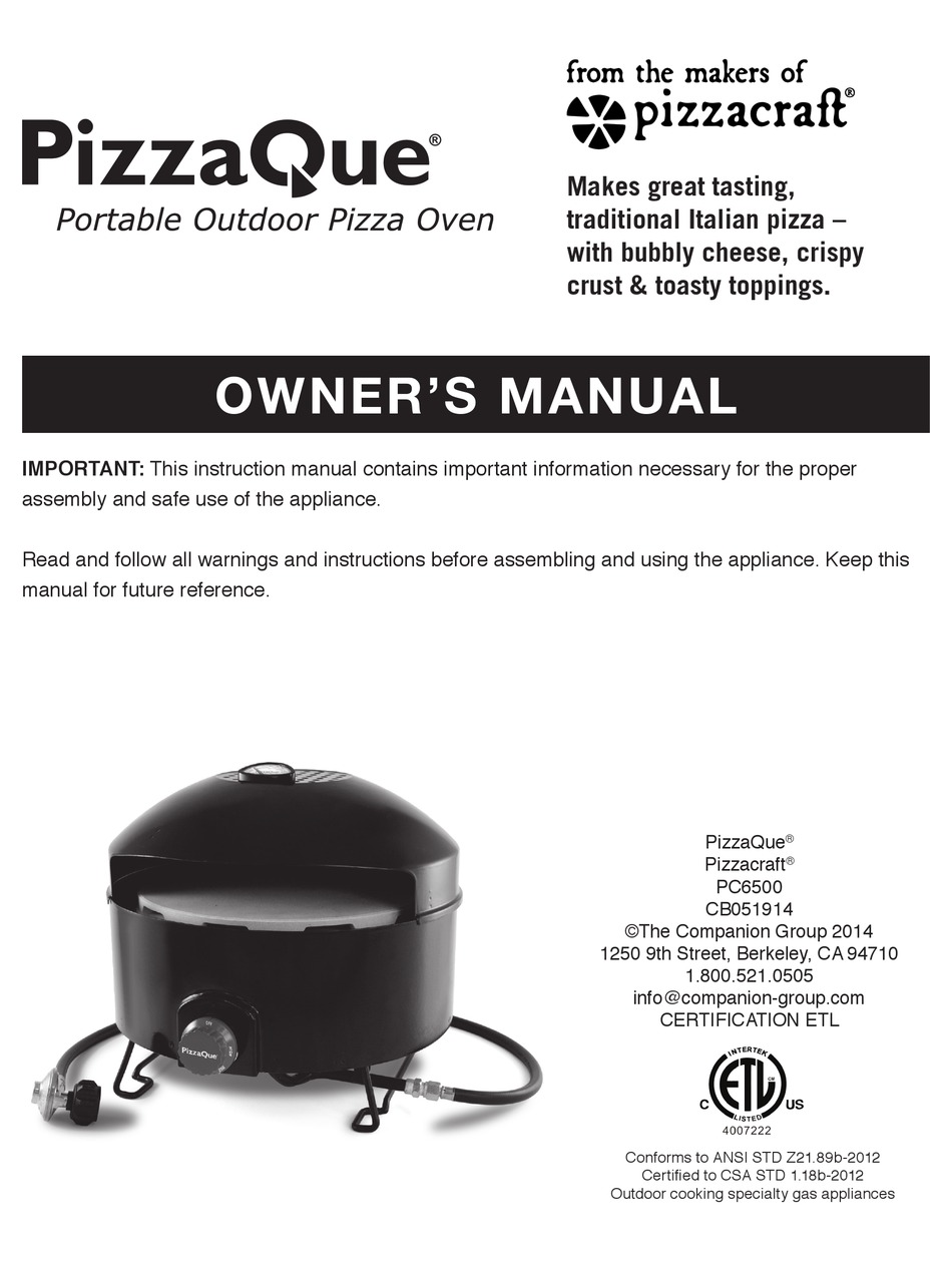 Pizzacraft Pizzaque Pc6500 Owner S Manual Pdf Download Manualslib