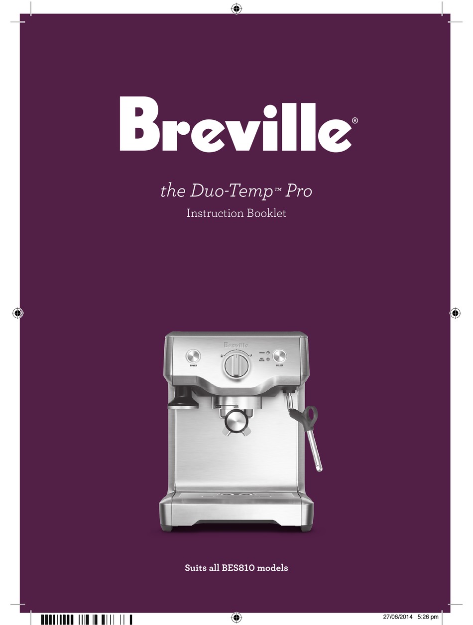 Breville Duo Temp Pro Bes810 Series Instruction Booklet Pdf Download Manualslib