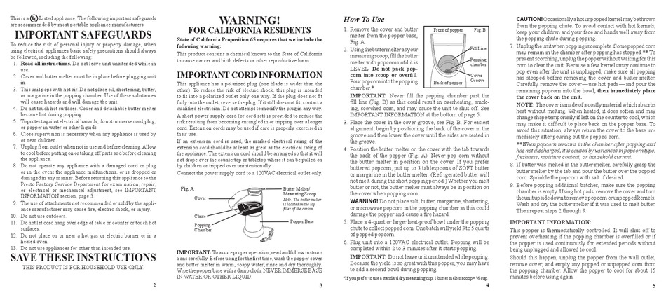 Presto Hot Air Popper User Manual Pdf Download Manualslib
