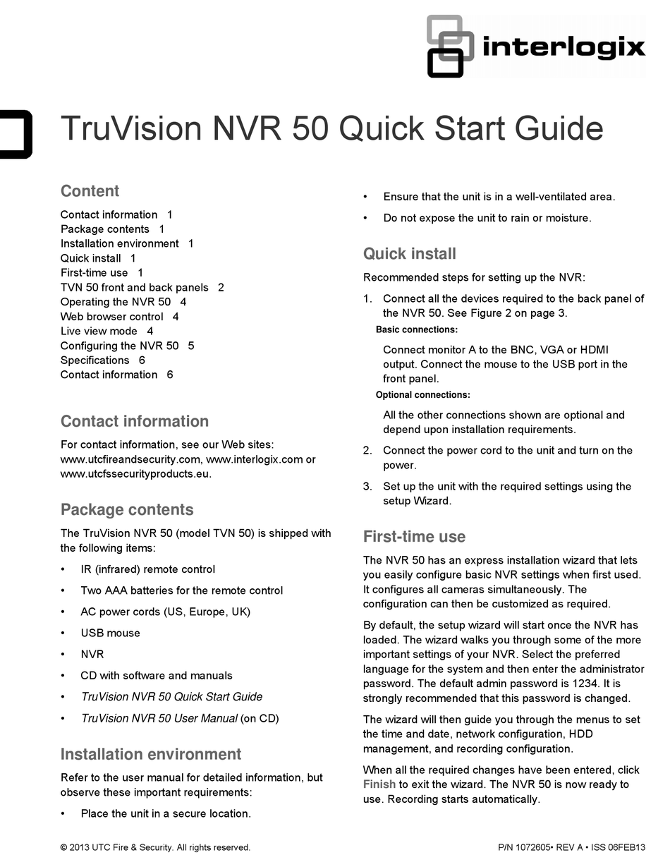 INTERLOGIX TRUVISION NVR 50 QUICK START MANUAL Pdf Download ManualsLib