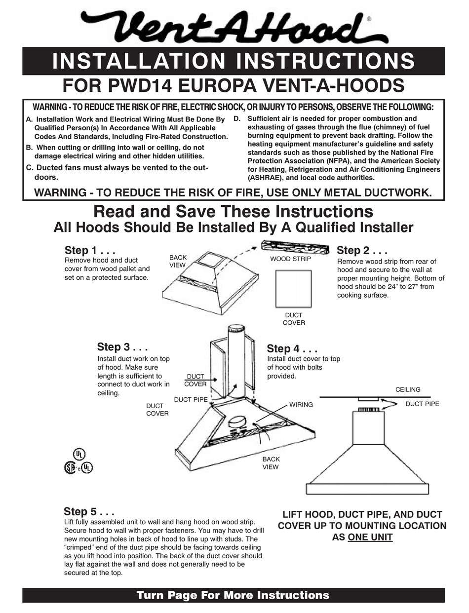 VENTAHOODS PWD14 EUROPA INSTALLATION INSTRUCTIONS Pdf Download