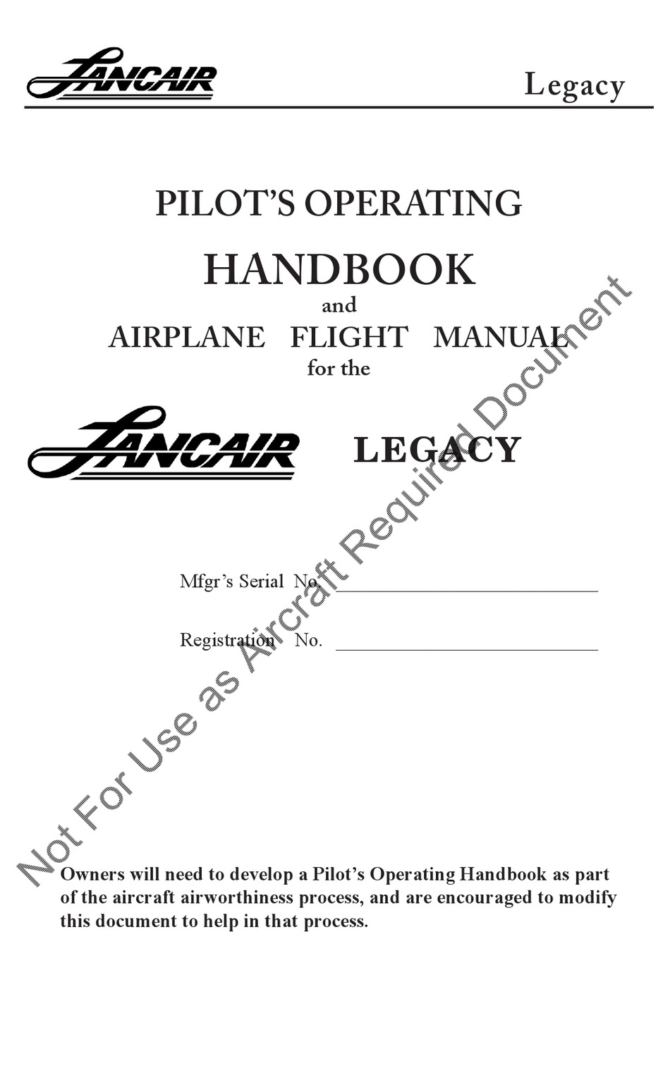 LANCAIR LEGACY PILOT'S OPERATING HANDBOOK AND FLIGHT MANUAL Pdf