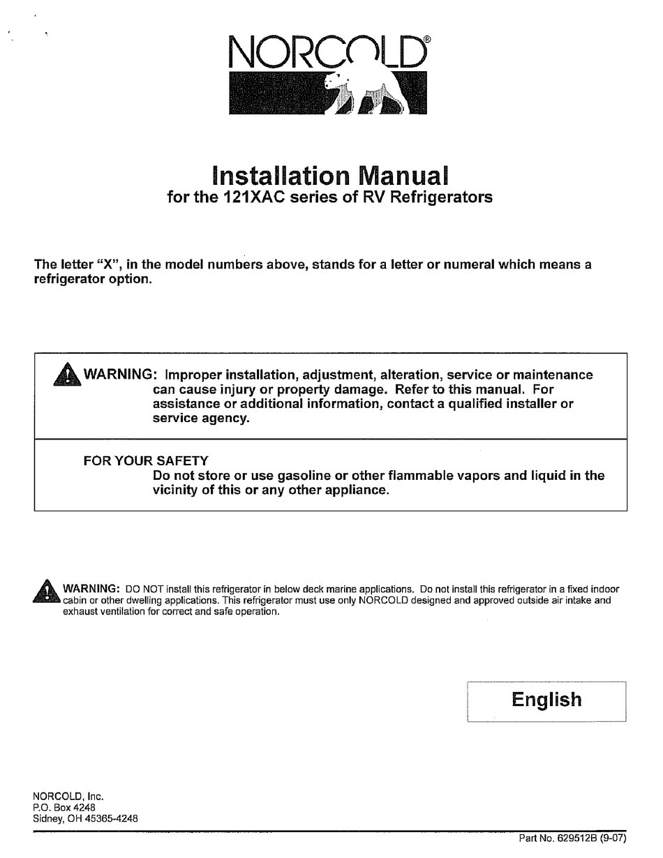 NORCOLD 121 AC SERIES INSTALLATION MANUAL Pdf Download ManualsLib