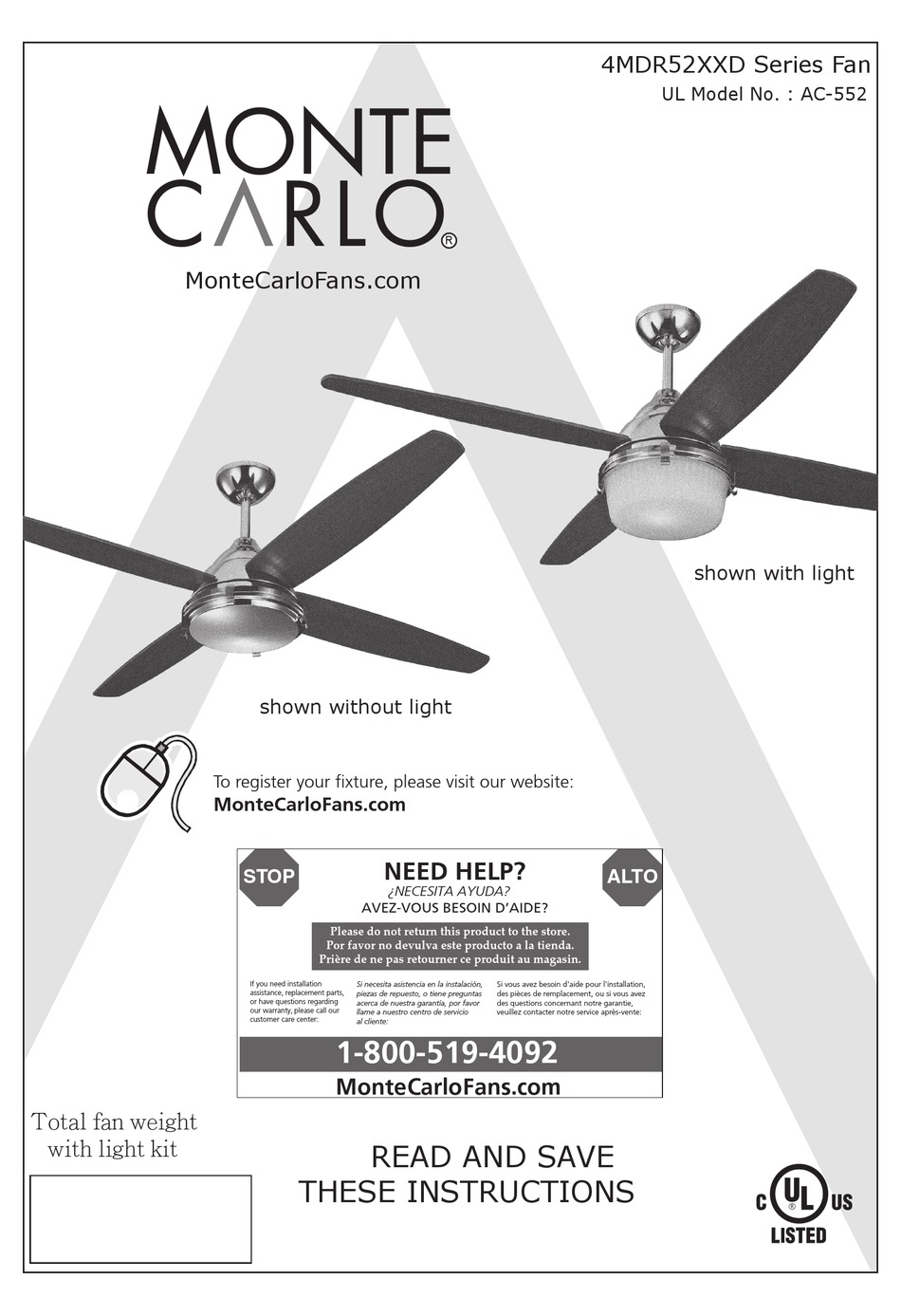 MONTE CARLO FAN COMPANY 4MDR52XXD SERIES USER MANUAL Pdf Download