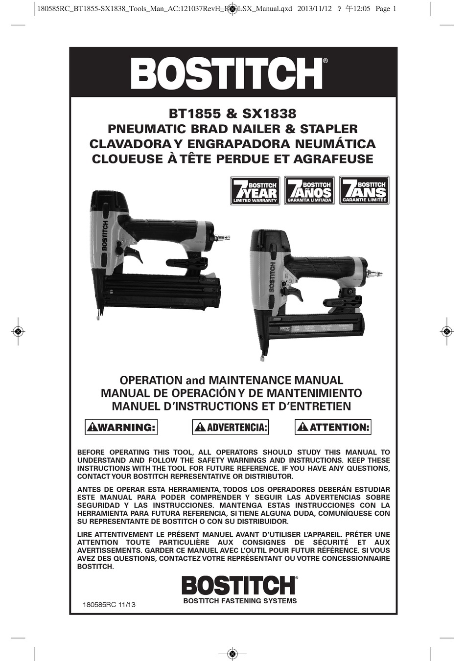 BOSTITCH BT1855 OPERATION AND MAINTENANCE MANUAL Pdf Download ManualsLib