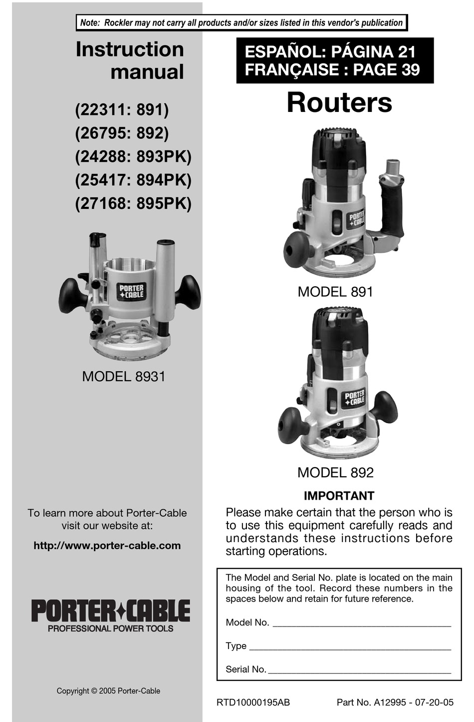 PORTER-CABLE 891 INSTRUCTION MANUAL Pdf Download | ManualsLib