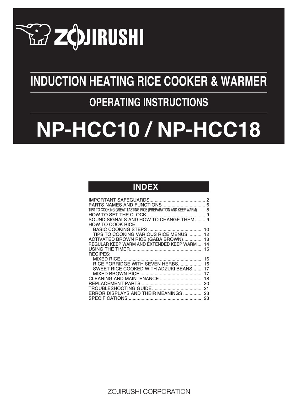 Zojirushi Np Hcc10 Operating Instructions Manual Pdf Download Manualslib