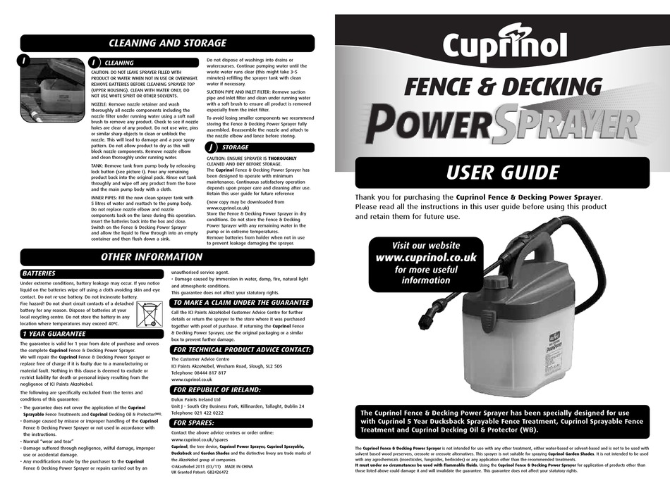 CUPRINOL FENCE & DECKING POWER SPRAYER USER MANUAL Pdf Download