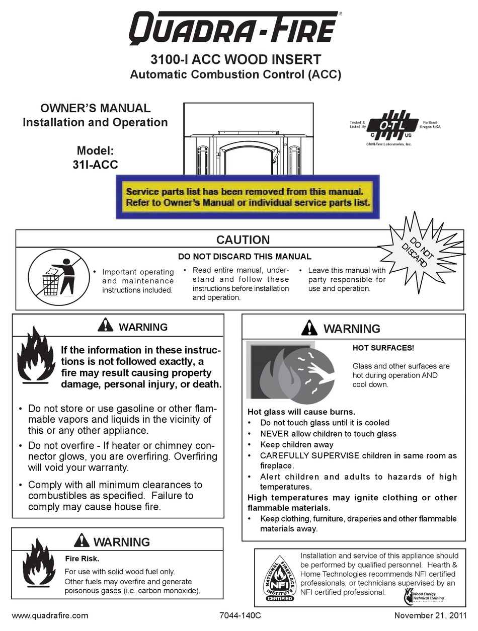 QUADRA-FIRE 3100-I OWNER'S MANUAL Pdf Download | ManualsLib