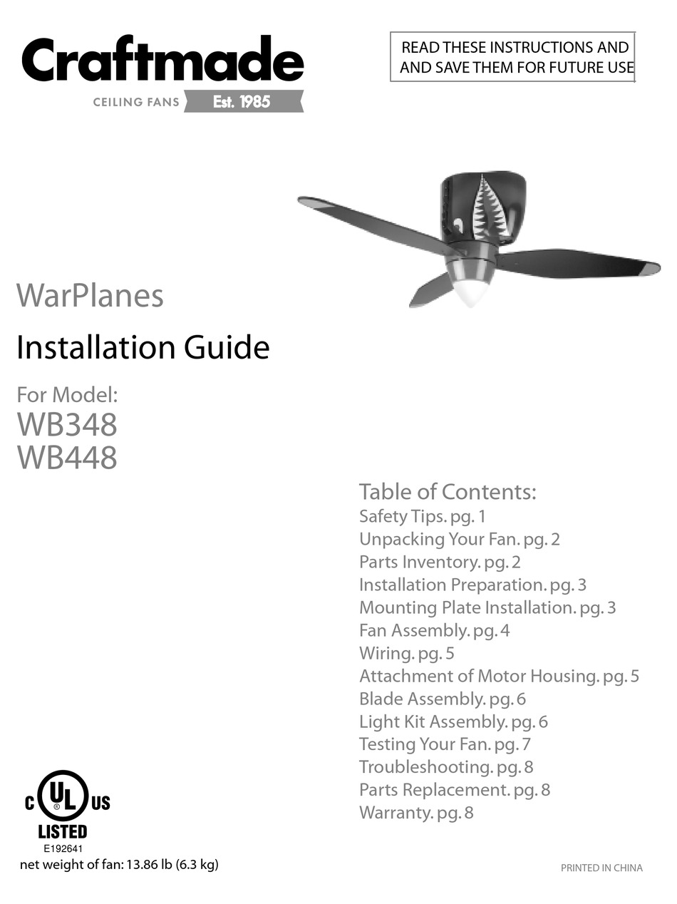 Craftmade Wb348 Installation Manual Pdf Download Manualslib