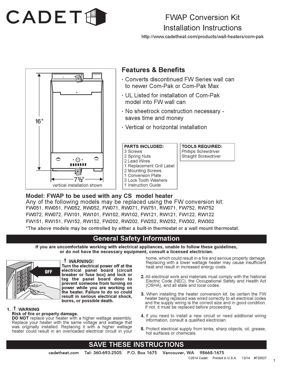 CADET FW051 INSTALLATION INSTRUCTIONS Pdf Download | ManualsLib