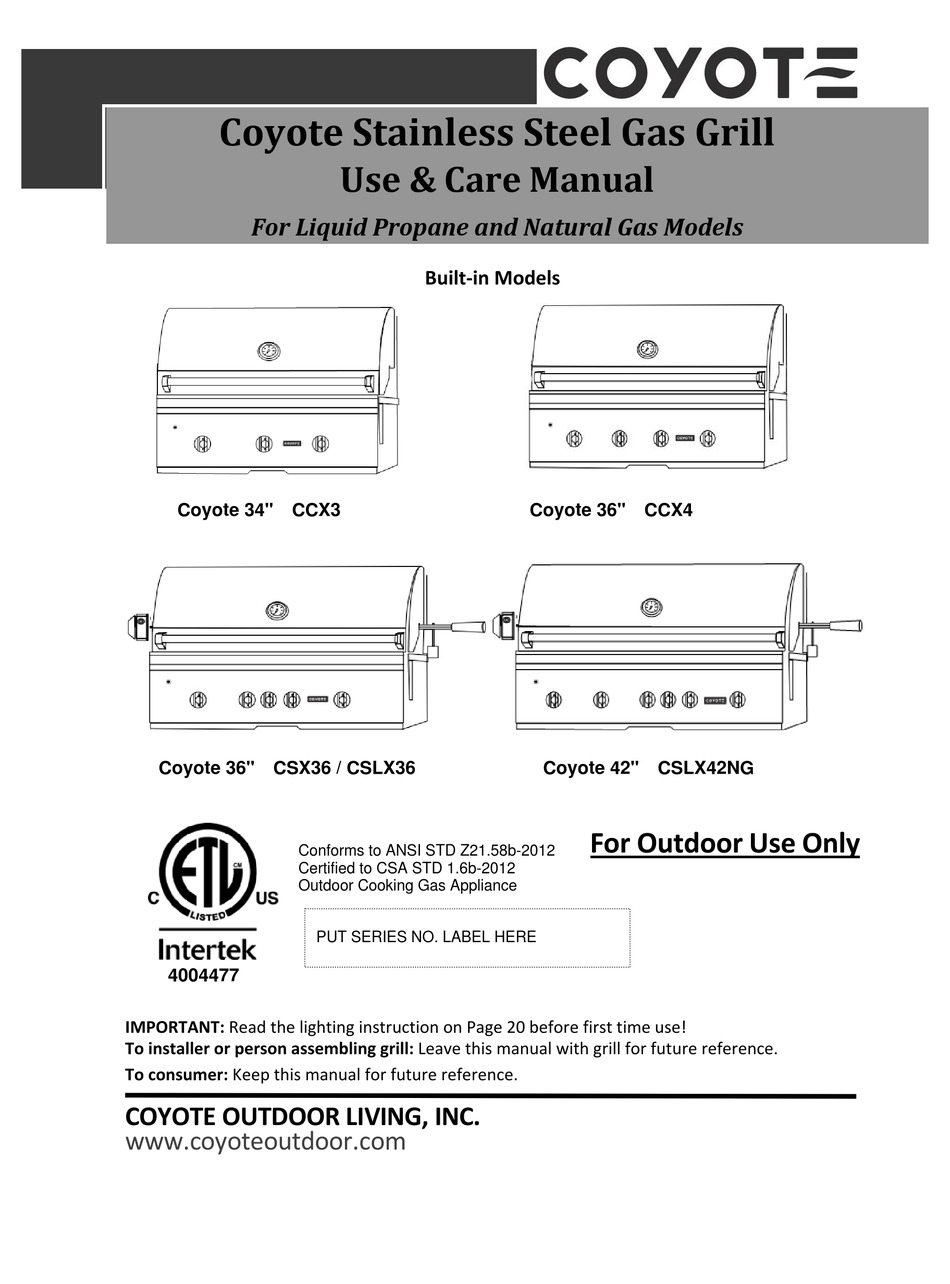 coyote grills official site parts on Coyote Ccx3 Use Care Manual Pdf Download Manualslib