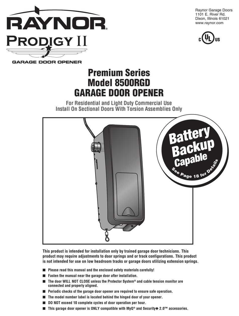 RAYNOR PREMIUM SERIES 8500RGD PRODIGY II OWNER'S MANUAL Pdf Download