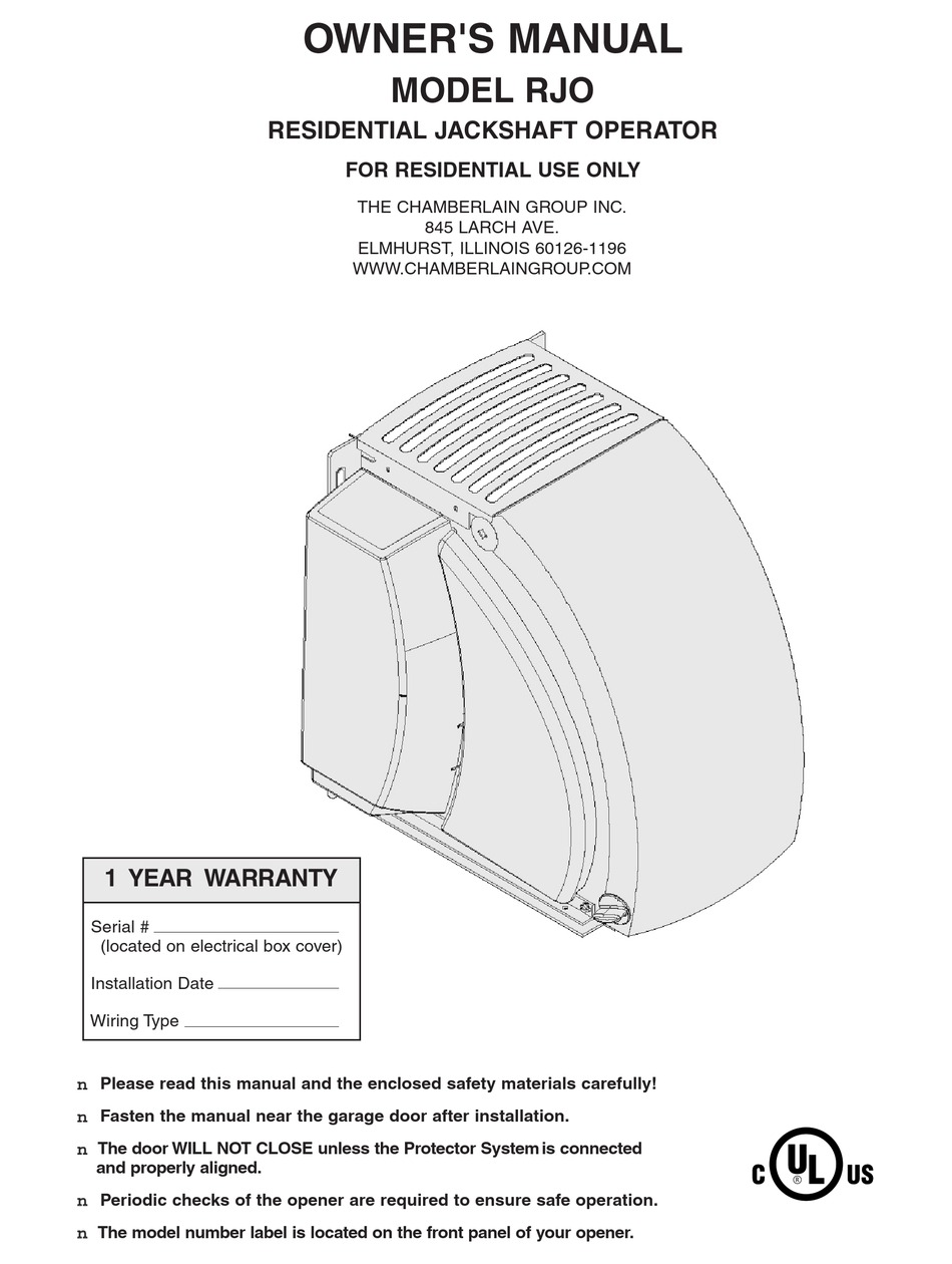 CHAMBERLAIN RJO OWNER'S MANUAL Pdf Download | ManualsLib