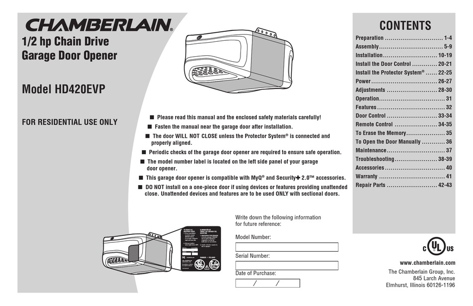 Chamberlain Hd420evp Owner S Manual Pdf, How To Install Chamberlain Garage Door Opener
