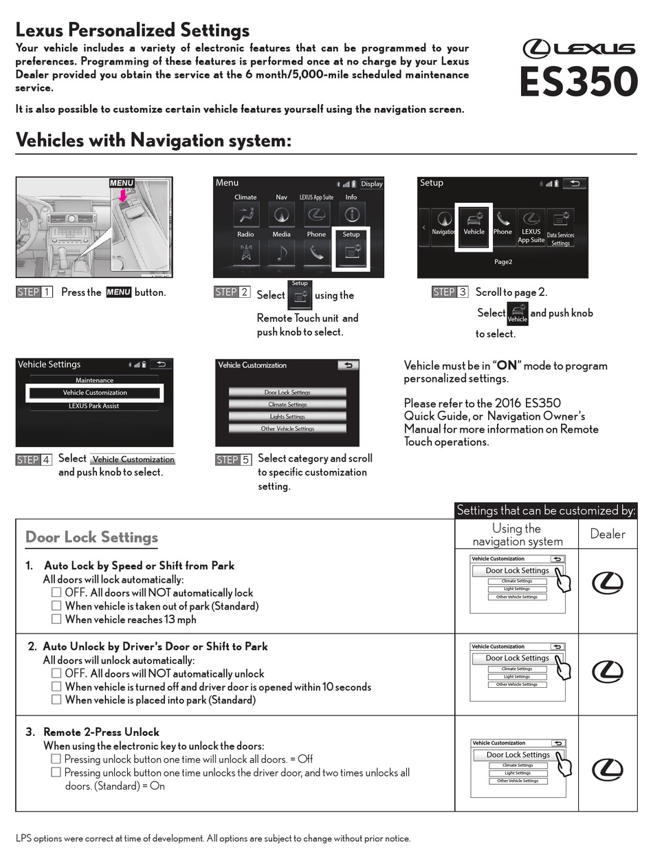 LEXUS ES350 PERSONALIZATION MANUAL Pdf Download | ManualsLib