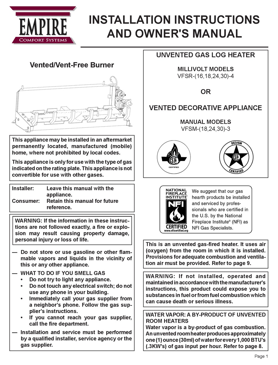 EMPIRE COMFORT SYSTEMS VFSR-16-4 INSTALLATION INSTRUCTIONS AND OWNER'S ...