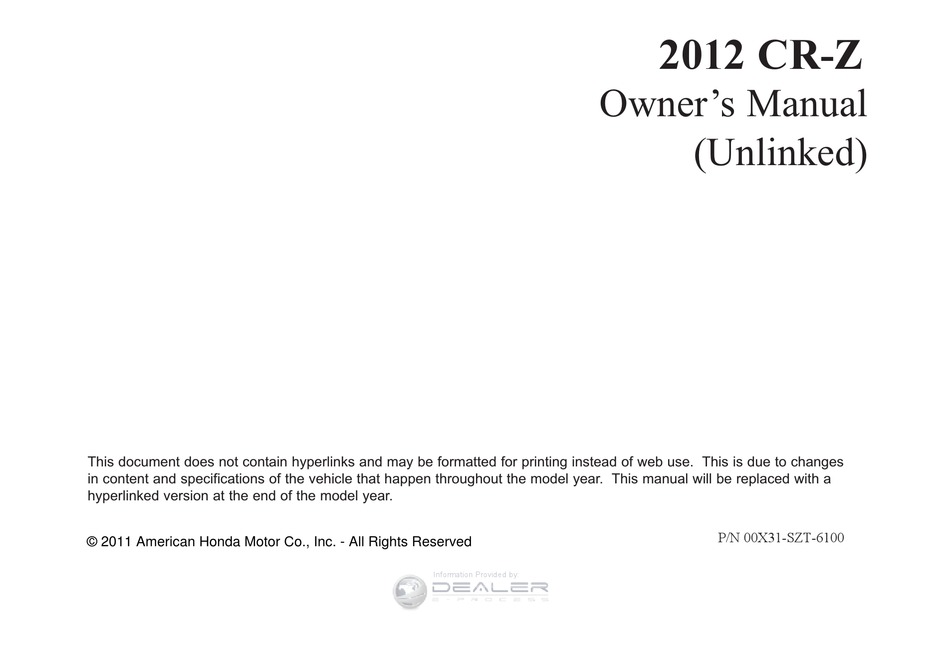 HONDA 2012 CR-Z OWNER'S MANUAL Pdf Download | ManualsLib
